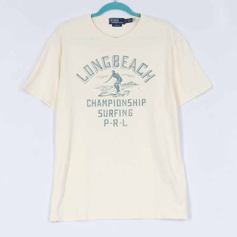Polo Ralph Lauren Surfing Graphic T-Shirt Mens M Off White Long Beach $55 NWOT